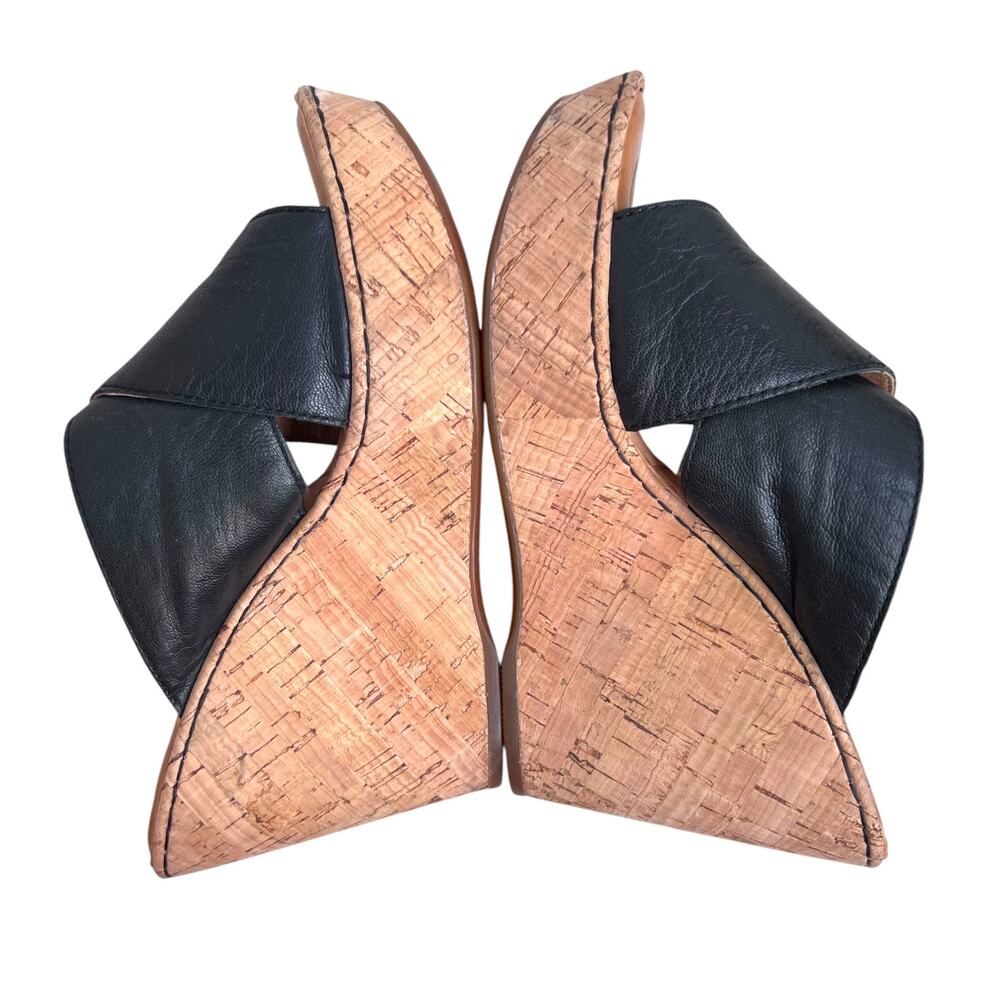 Born Leather Wedge Sandal Cork Platform Cross Strap & Buckle in Black Womens 9M - Picture 5 of 13
